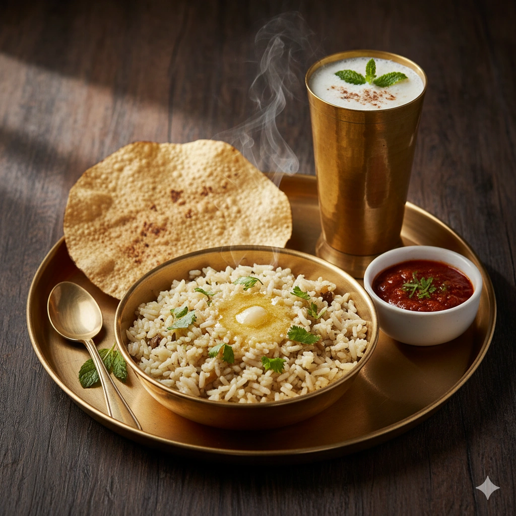 ગરમાગરમ વઘારેલી ખીચડી છાસ, પાપડ અને લસણની ચટણી